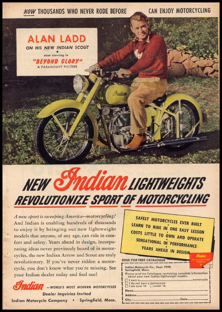 Alan Ladd on Indian Scout motorcycle advertisement — historic image