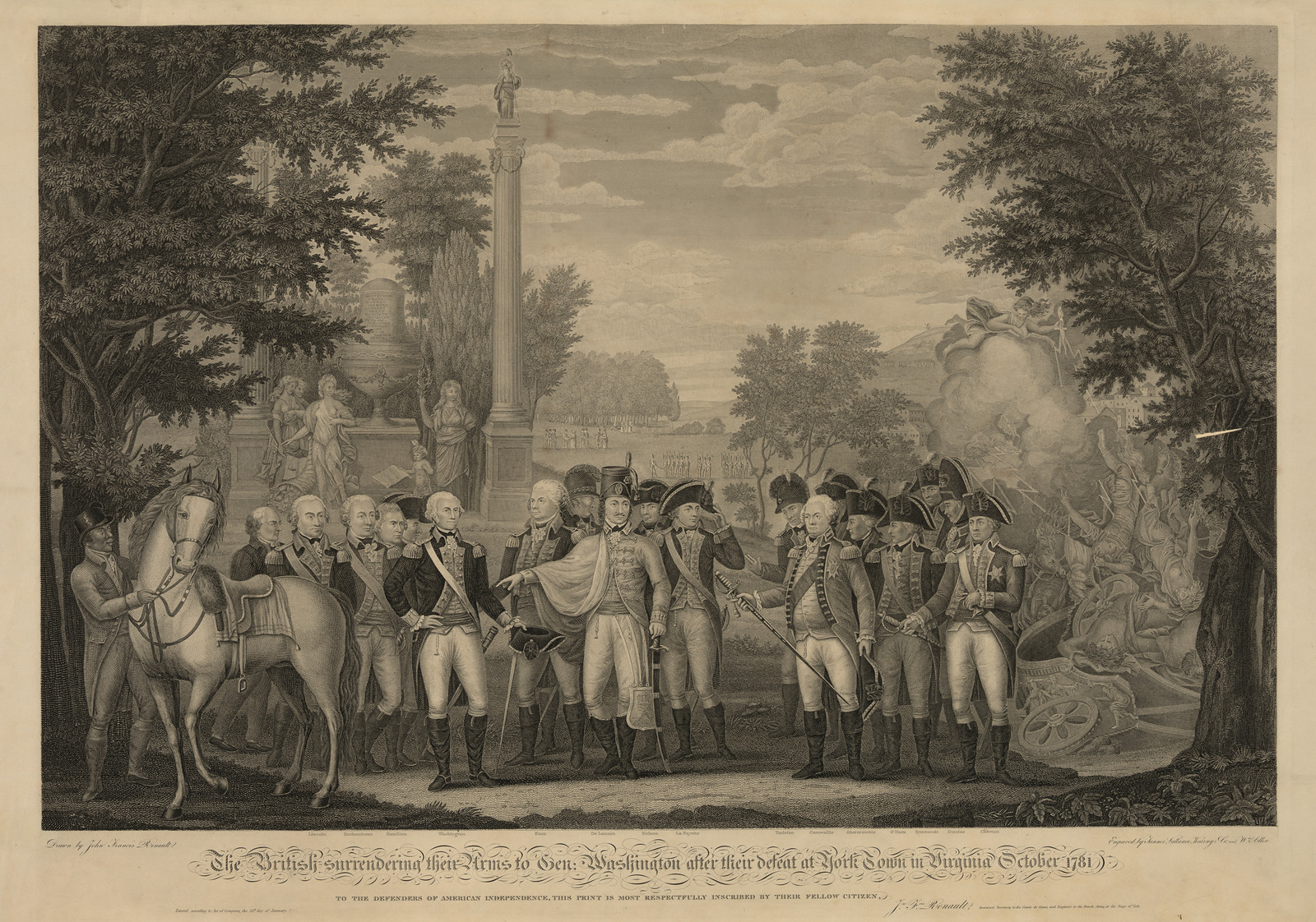 The British Surrendering Their Arms To Gen. Washington After Their Defeat At YorkTown In Virginia October 1781, c. 1819 — antique engraving