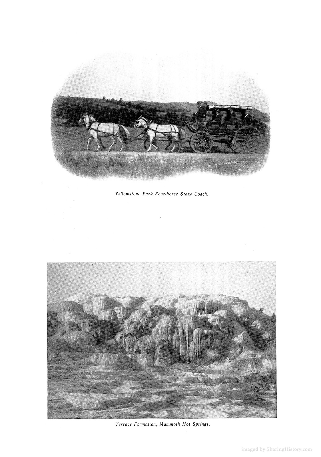 Yellowstone Park Four-horse Stage Coach; Terrace Formation, Mammoth Hot Springs — historic image