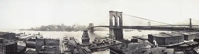 Brooklyn Bridge and Manhattan skyline, black and white panorama