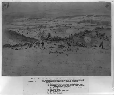 The battle of Gettysburg. View from the summit of Little Round Top. The advance of Genl. Longstreet's Corps on the Union position (5th Corps) on Little Round Top, Thursday evening and Friday afternoon / E.F.