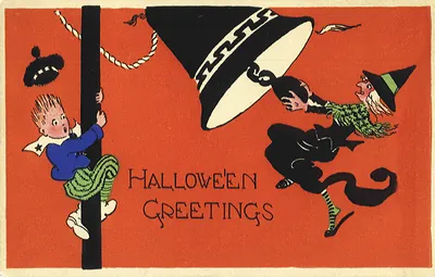 Halloween Greetings postcard: witch, boy and bell