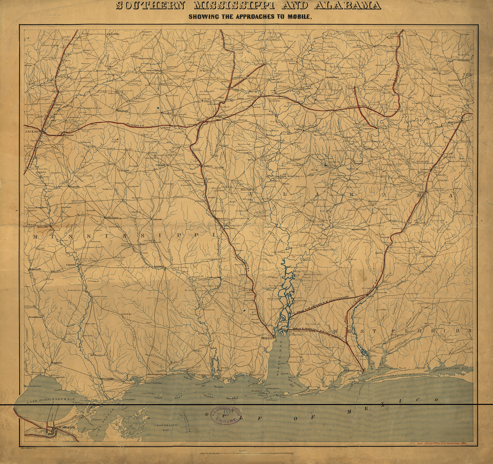 Southern Mississippi and Alabama showing the approaches to Mobile., Alabama, 1863, 1863 — antique map