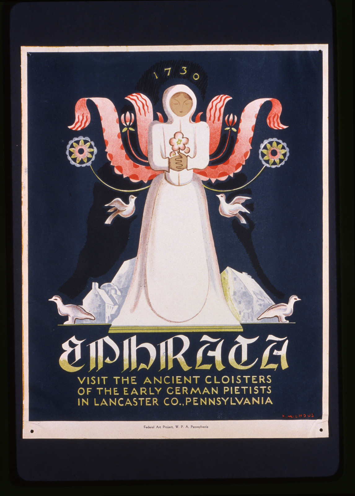 Ephrata Visit the ancient cloisters of the early German pietists in Lancaster Co. Pen, 1936 — vintage poster