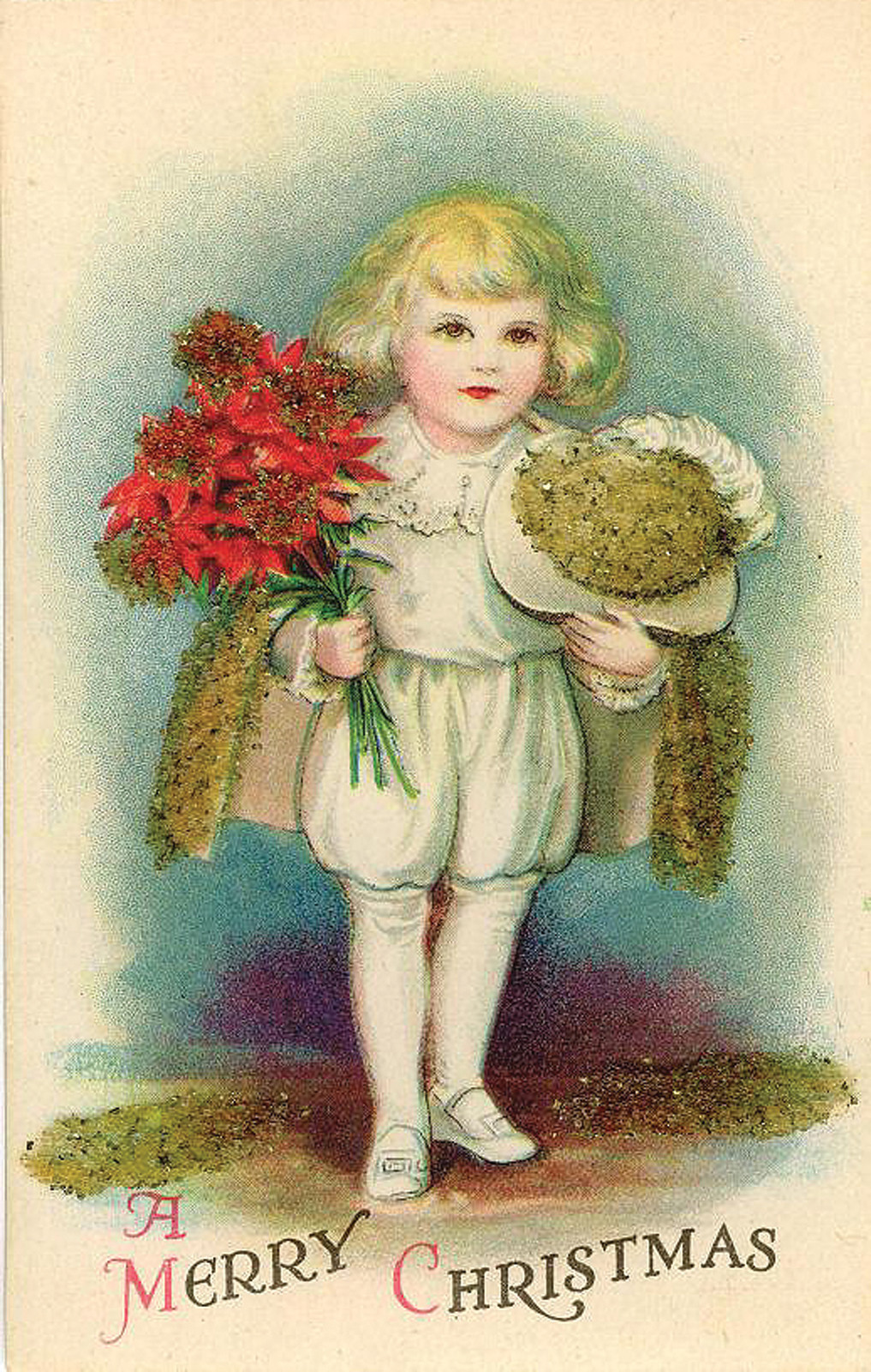 Child with poinsettias and muff, A Merry Christmas postcard — vintage postcard