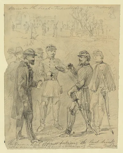 The Union & rebel officers taking the last drink after signing the papers of parole & exchange of prisoners, goodbye
