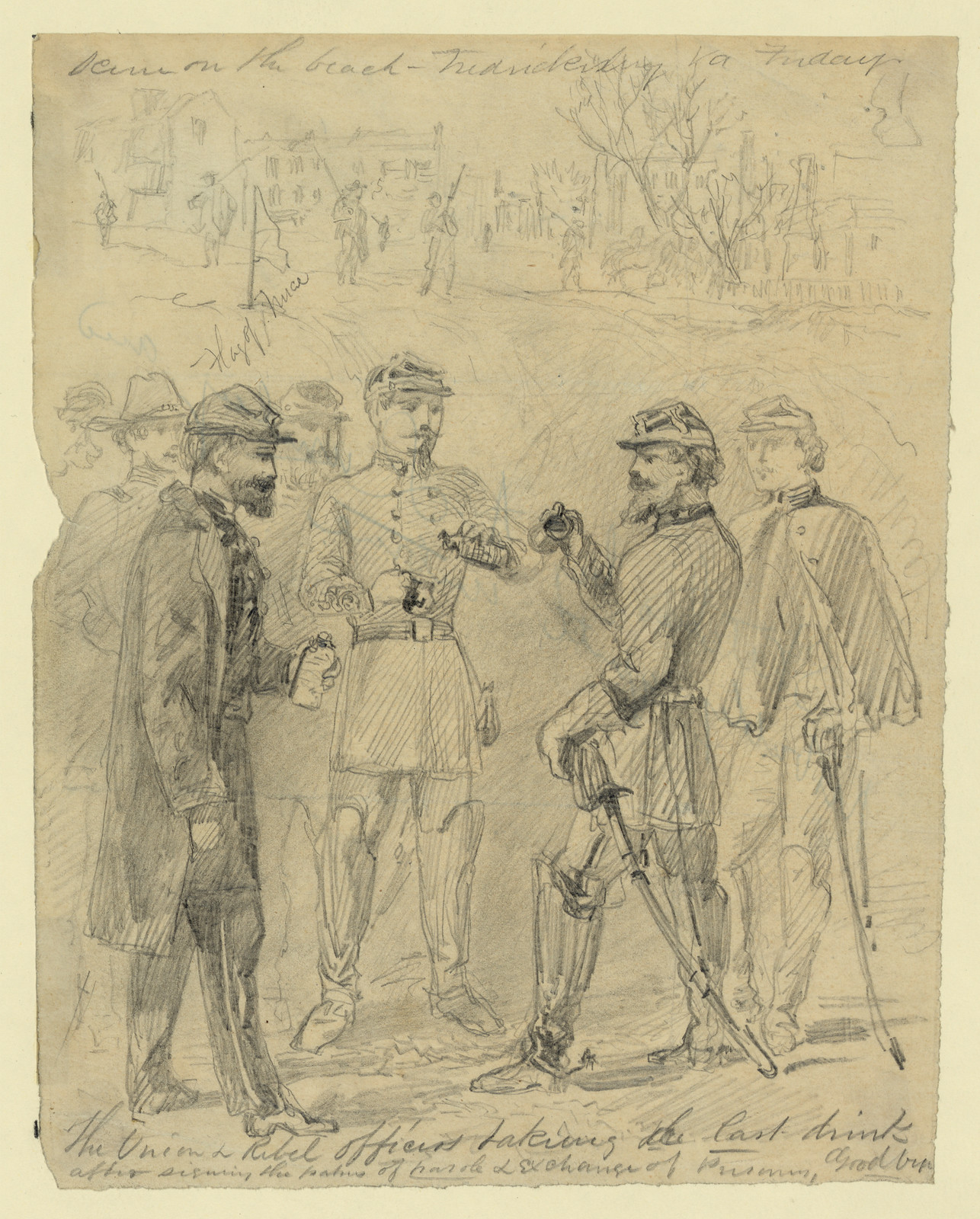 The Union & rebel officers taking the last drink after signing the papers of parole & exchange of prisoners, goodbye, [1862 ca. December?] — historic drawing