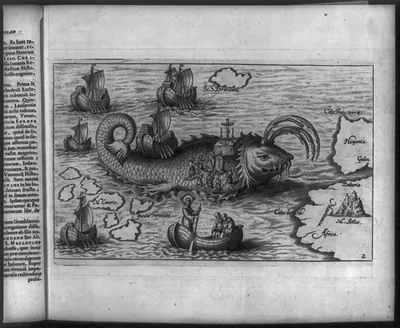 [Saint Brendan, 484-577, figurative map of St. Brendan's legendary voyage; shows Mass being said on the back of a whale]