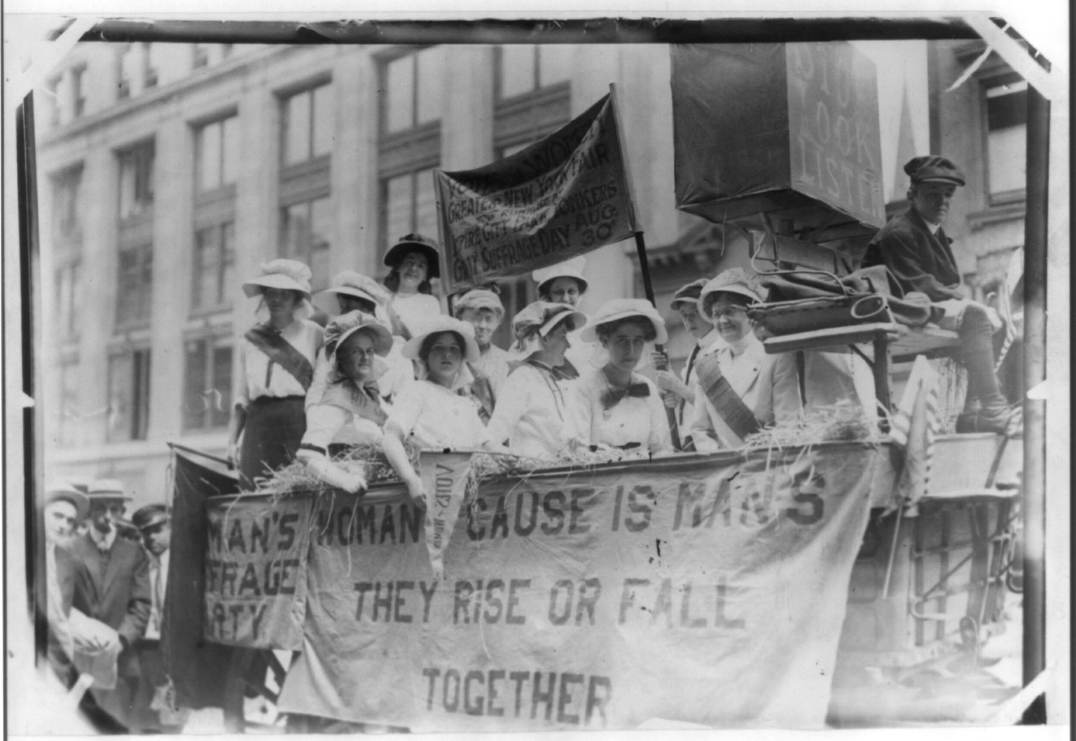 Suffragettes riding float...New York Fair, Yonkers, 1913 Aug. 10. — historic photograph