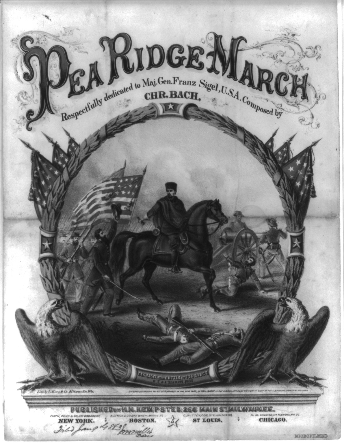Pea Ridge march. Respectfully dedicated to Maj. Gen. Franz Sigel, U.S.A. Composed by Chr. Bach / Lith. by L. Kurz & Co., Milwaukee, Wis., Milwaukee : published by H.N. Hempstead, c1862. — antique lithograph