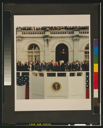 [Chief Justice Warren E. Burger administering the oath of office to Ronald Reagan on the west front of the U.S. Capitol, January 20, 1981]