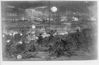 Battle of Gettysburg. Longstreet's attack upon the left center of the Union lines. Blue Ridge in distance