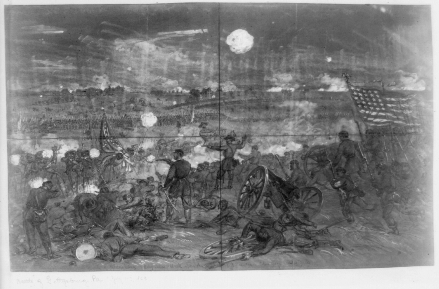Battle of Gettysburg. Longstreet's attack upon the left center of the Union lines. Blue Ridge in distance, [1863 July 2] — historic drawing