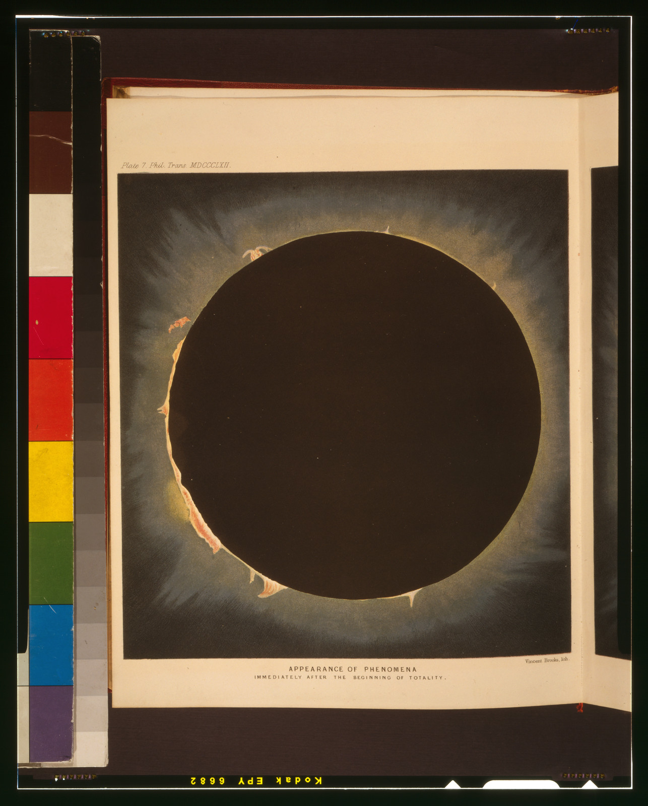 Appearance of phenomena immediately after the beginning of totality Appearance of phenomena immediately previous to the end of totality / Vincent Brooks, lith., 1862 — antique lithograph