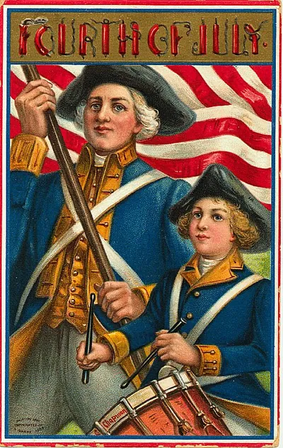 Fourth of July postcard with drummer and soldier