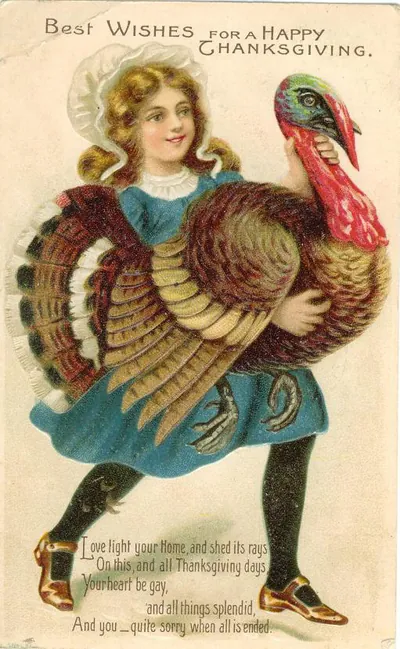 Best Wishes for a Happy Thanksgiving postcard with girl and turkey