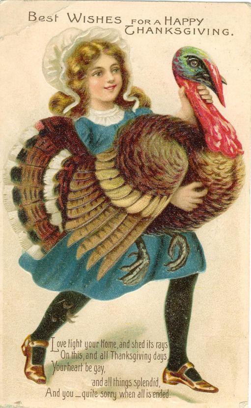 Best Wishes for a Happy Thanksgiving postcard with girl and turkey — vintage postcard