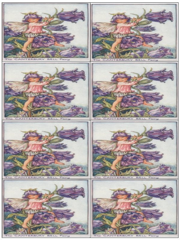 The Canterbury Bell Fairy, eight repeated labels on a sheet — historic image