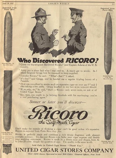 Ricoro cigars advertisement, Leslie's Weekly, April 20, 1918