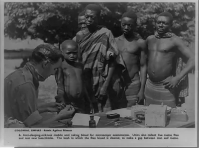 Colonial empire: Anti-sleeping-sickness mobile unit taking blood for microscopic examination