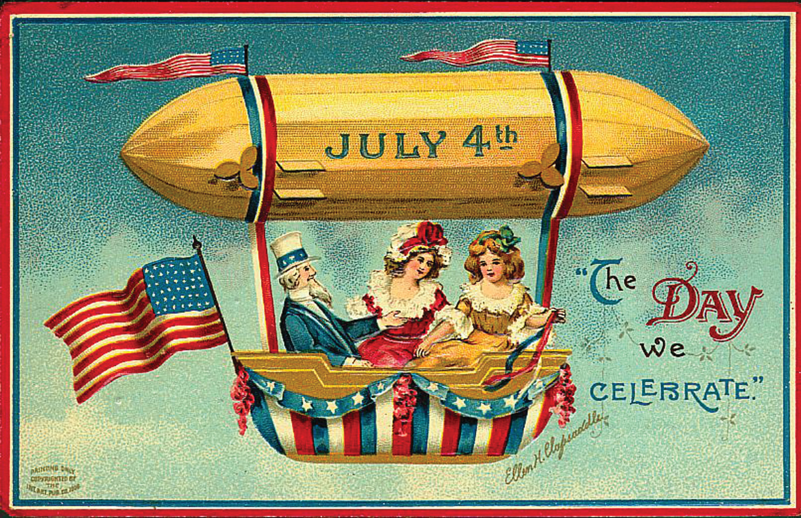 July 4th Airship Postcard With Uncle Sam and Children — vintage postcard