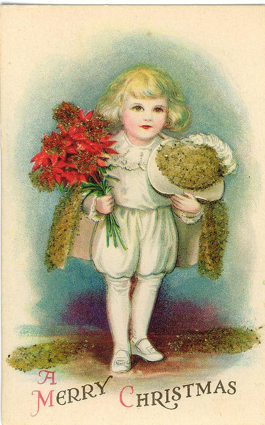 A Merry Christmas postcard with child and poinsettias — vintage postcard