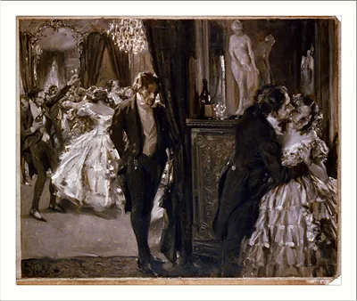 Ballroom scene with a couple kissing, oil sketch