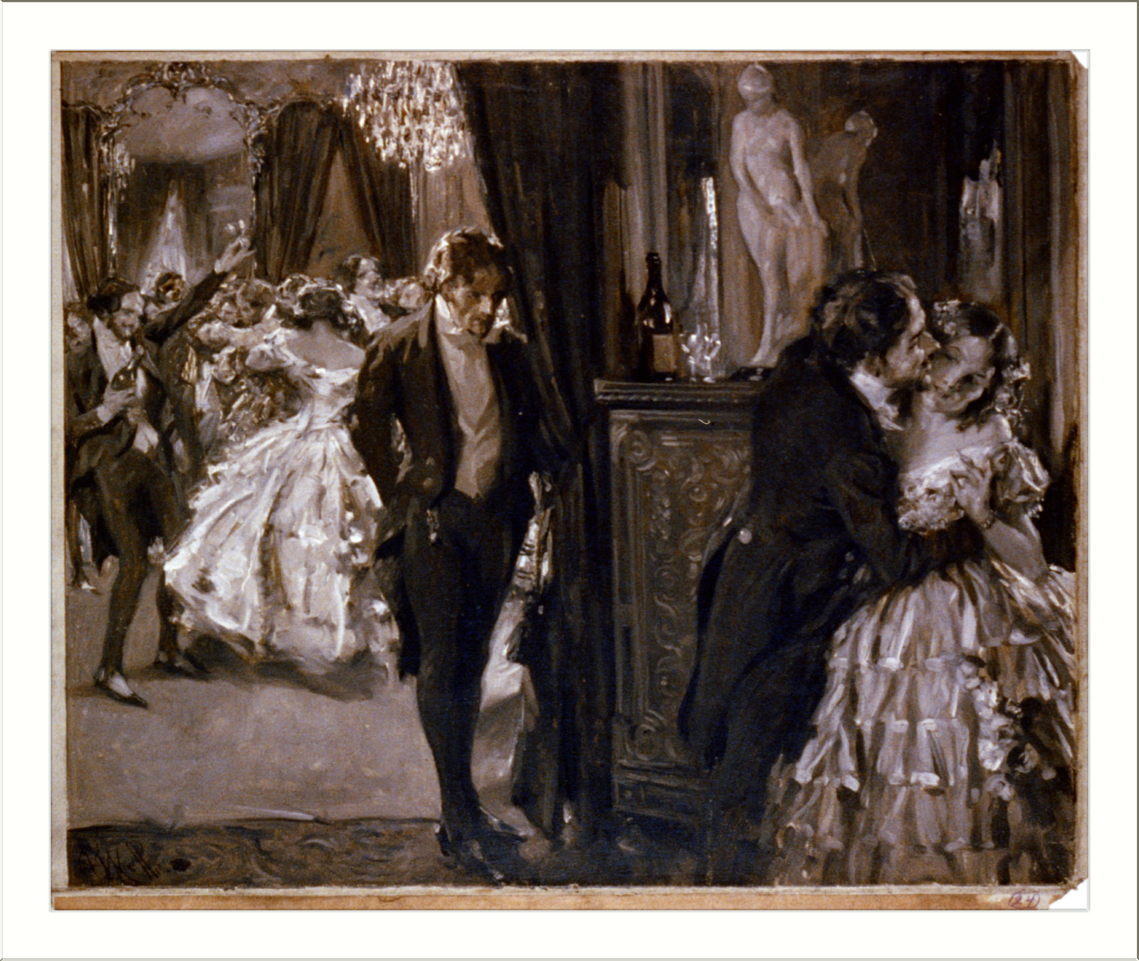 Ballroom scene with a couple kissing, oil sketch — historic image
