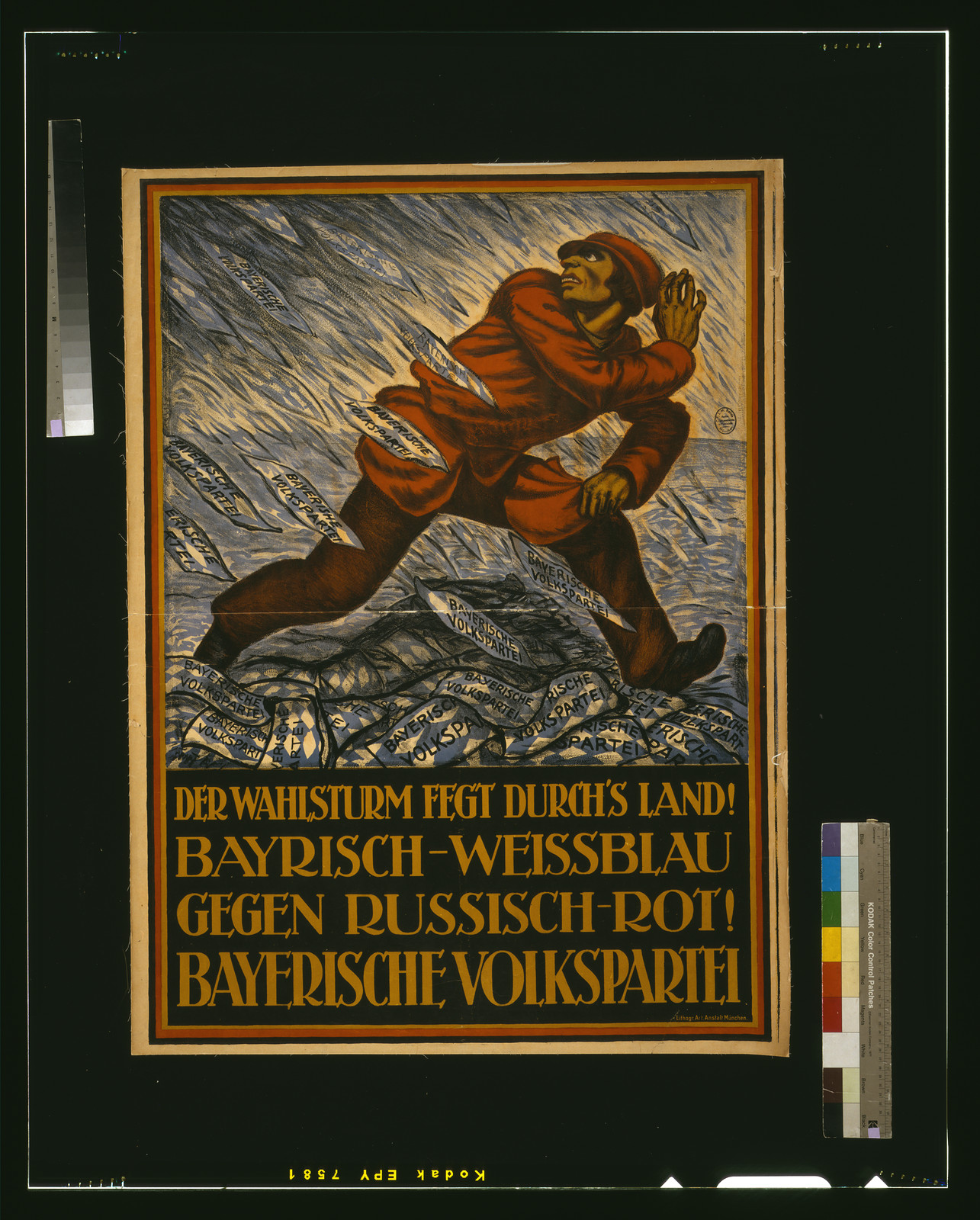 Der Wahlsturm fegt durchs Land! Bayerisch-Weissblau gegen Russisch-Rot! Bayerische Volkspartei, 1919 — vintage poster