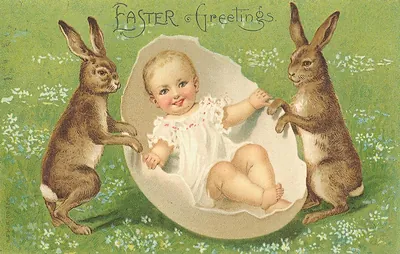 Easter greetings postcard with baby in eggshell and two rabbits