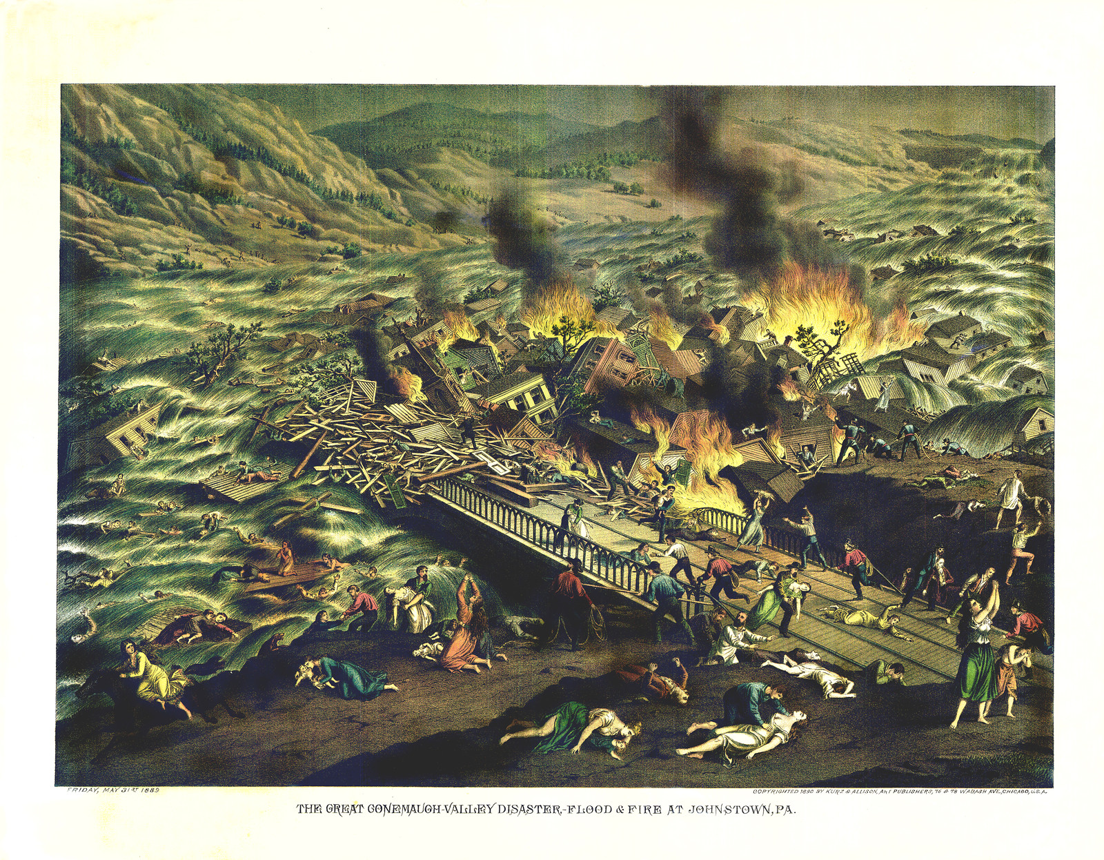 The Great Conemaugh Disaster Johnstown Flood Kurz and Allison, 1889 color correct, Pennsylvania — antique map