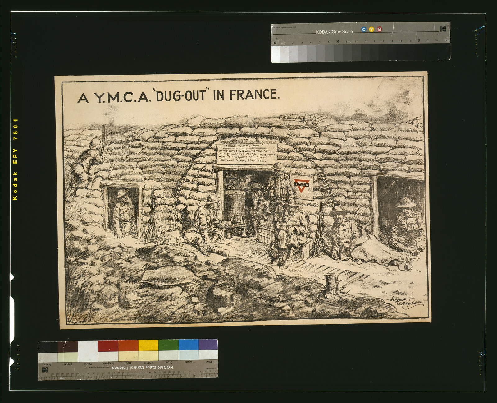 A Y.M.C.A. dug-out in France / Edgar Wright., 1915 — vintage poster