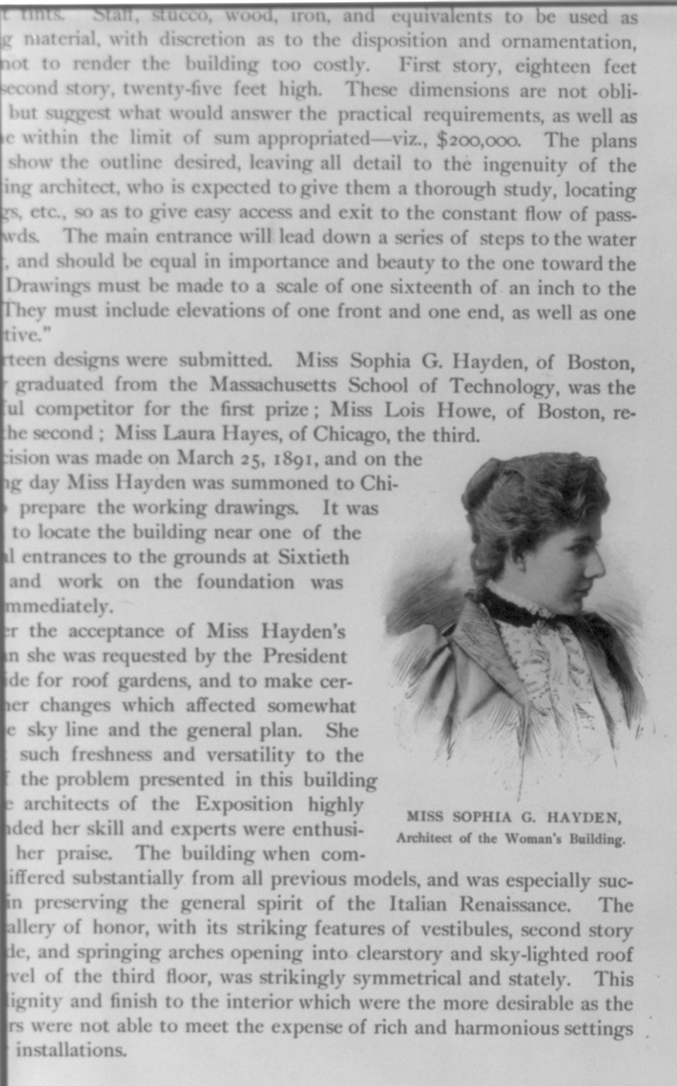 [Sophia G. Hayden, head and shoulders portrait, facing right. Architect of Woman's Bldg., Columbian Exposition, 1893] — historic print