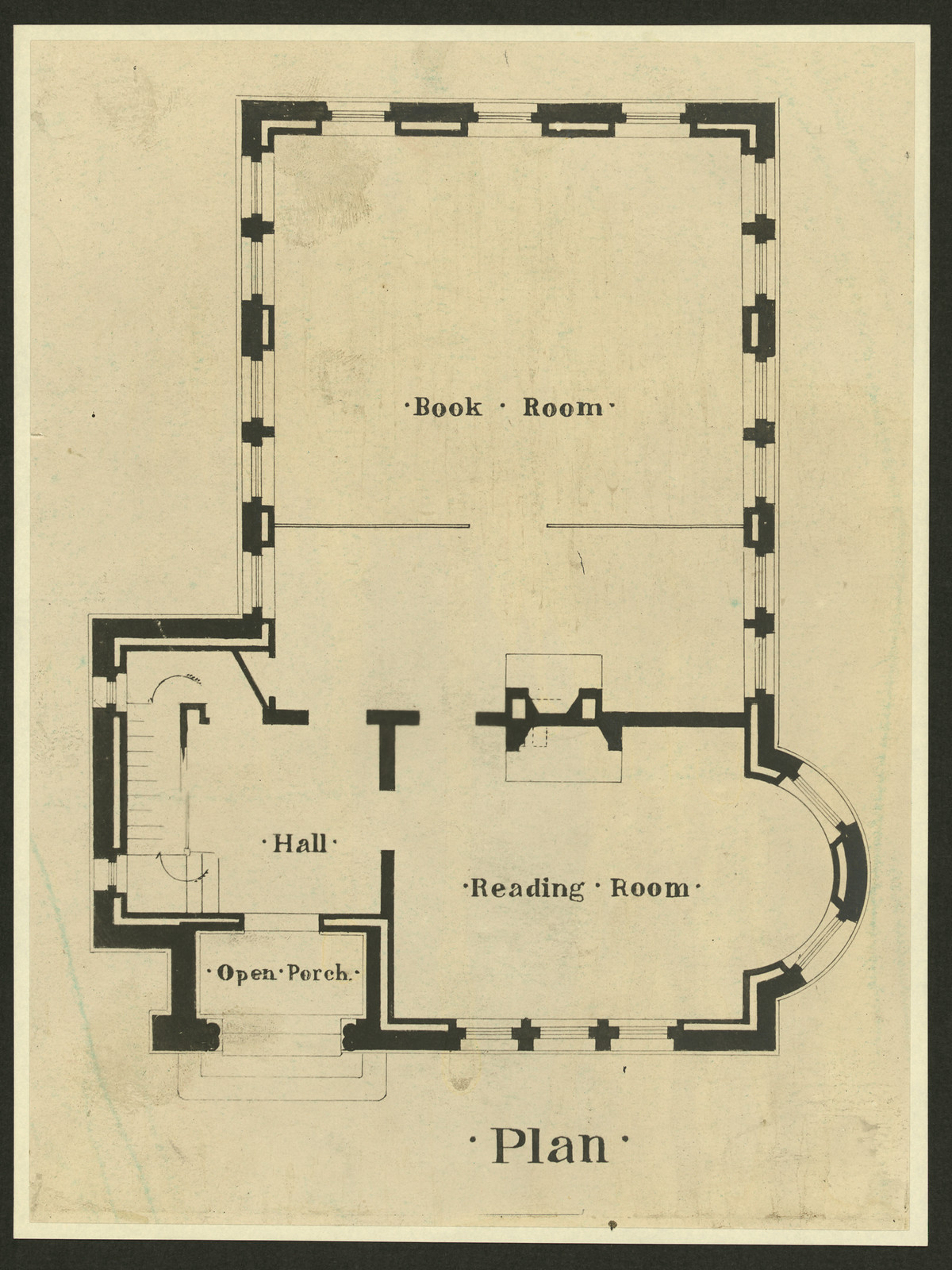 Main floor plan showing Book Room, Reading Room and Hall — historic image
