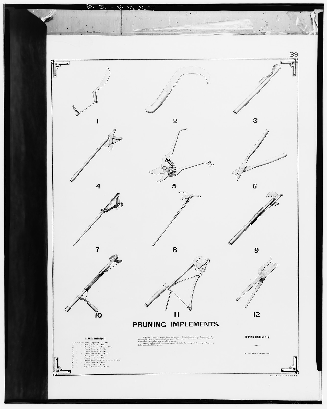 Pruning Implements, plate 39, twelve numbered tools — historic image