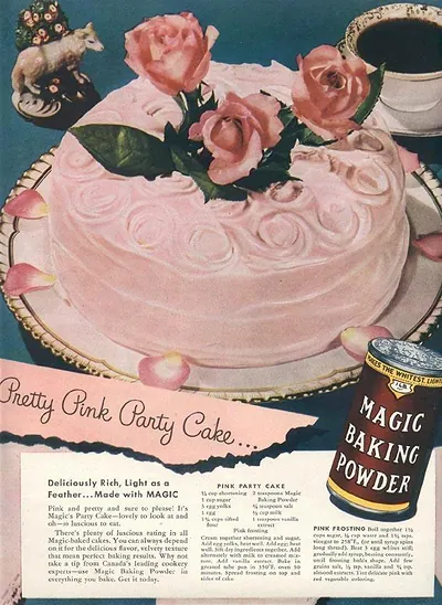 Pretty Pink Party Cake, Magic Baking Powder magazine advertisement