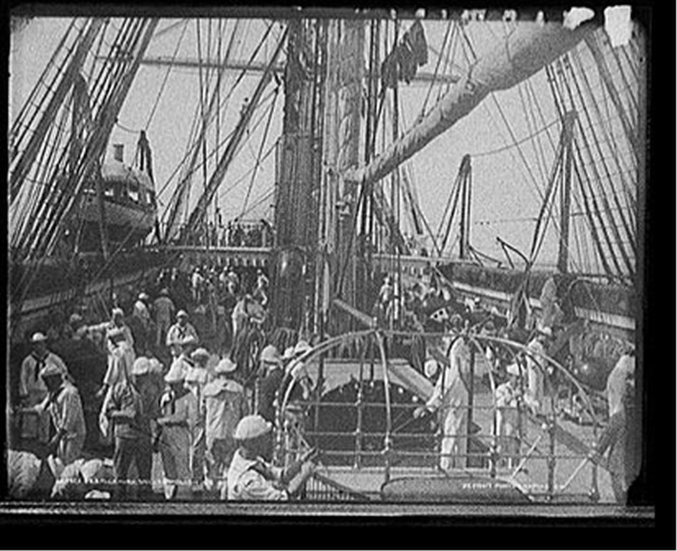 U.S.S. Richmond, sailors polishing bright work, [between 1890 and 1901] — historic photograph