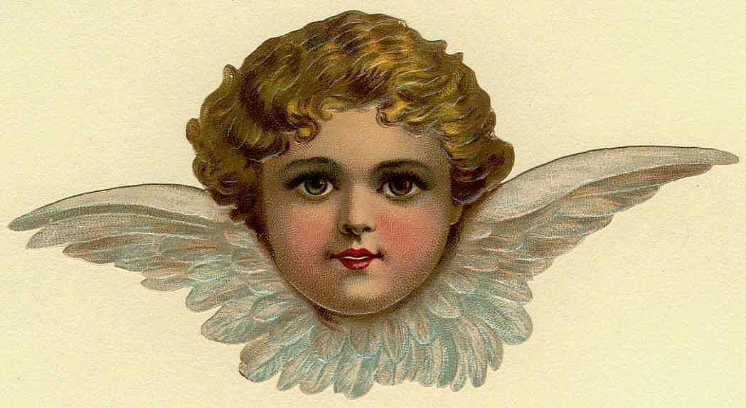 Cherub with curly golden hair and white wings — historic image