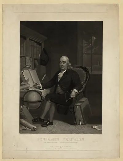 Benjamin Franklin, engraved portrait seated beside a globe and books