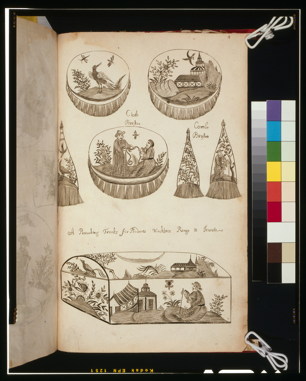Pen drawings of cloth brushes and jewel trunks with handwritten captions — historic drawing