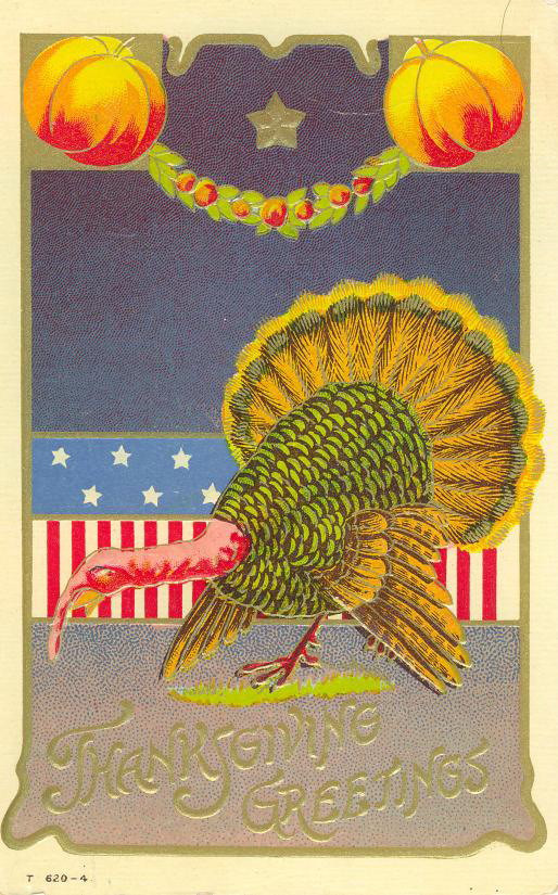 Thanksgiving Greetings postcard with turkey and pumpkins — vintage postcard