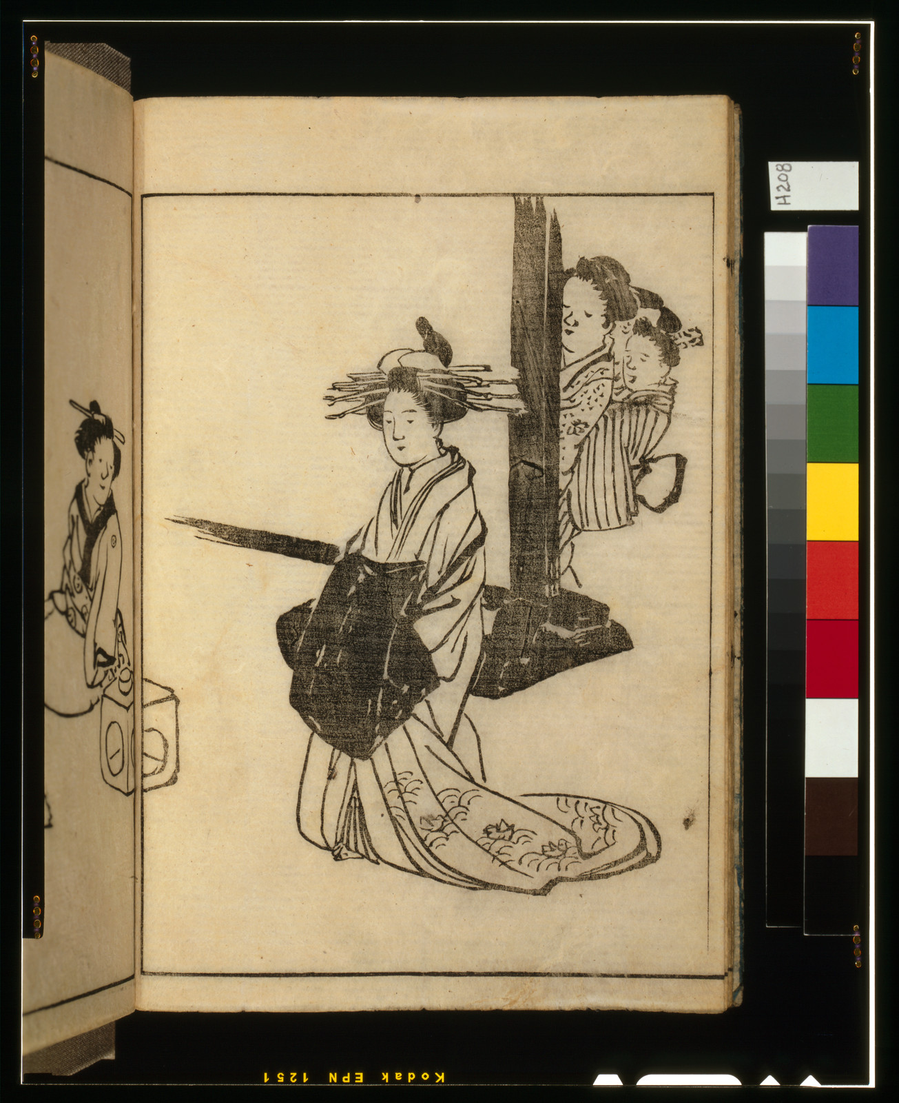 Woodblock book illustration of a kneeling woman in kimono — historic print