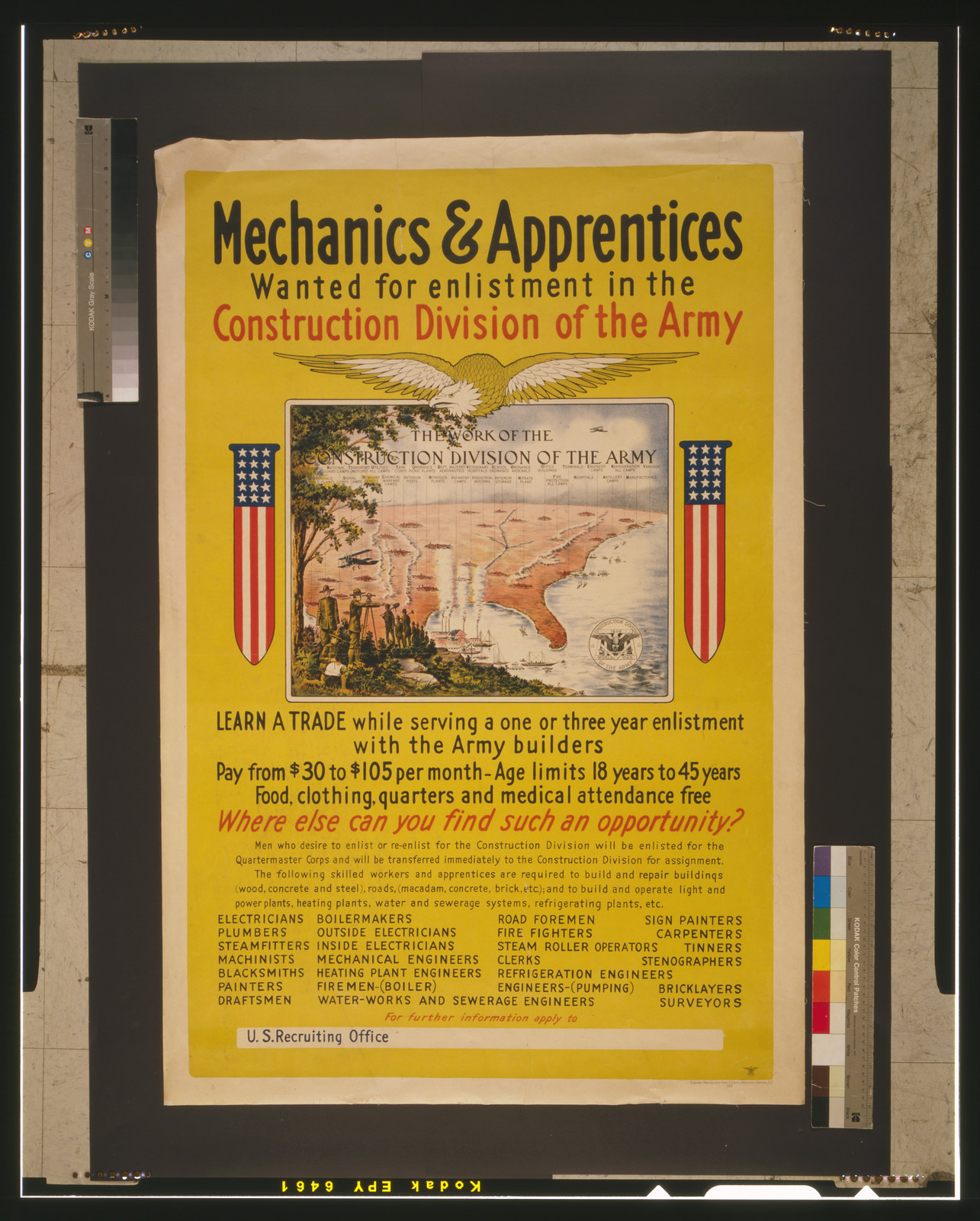 Mechanics & apprentices wanted for enlistment in the Construction Division of the Army, Washington Barracks, D.C. : Engineer Reproduction Plant, U.S. Army, 1919. — vintage poster