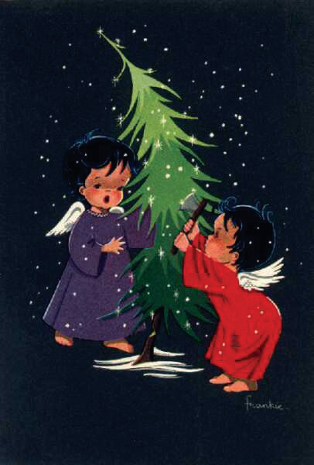 Two angel children decorating a Christmas tree at night — historic image