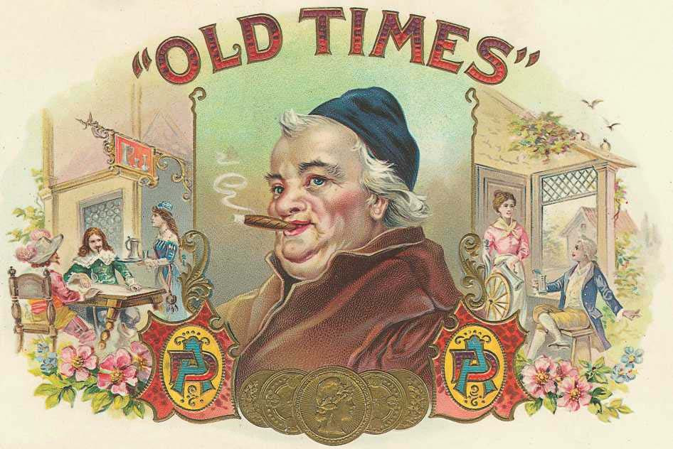 Old Times" cigar label with smoking gentleman in period scenes — historic image