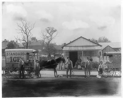 [Horse-drawn ice wagon and several persons, two with blocks of ice, standing in street in front of residence]