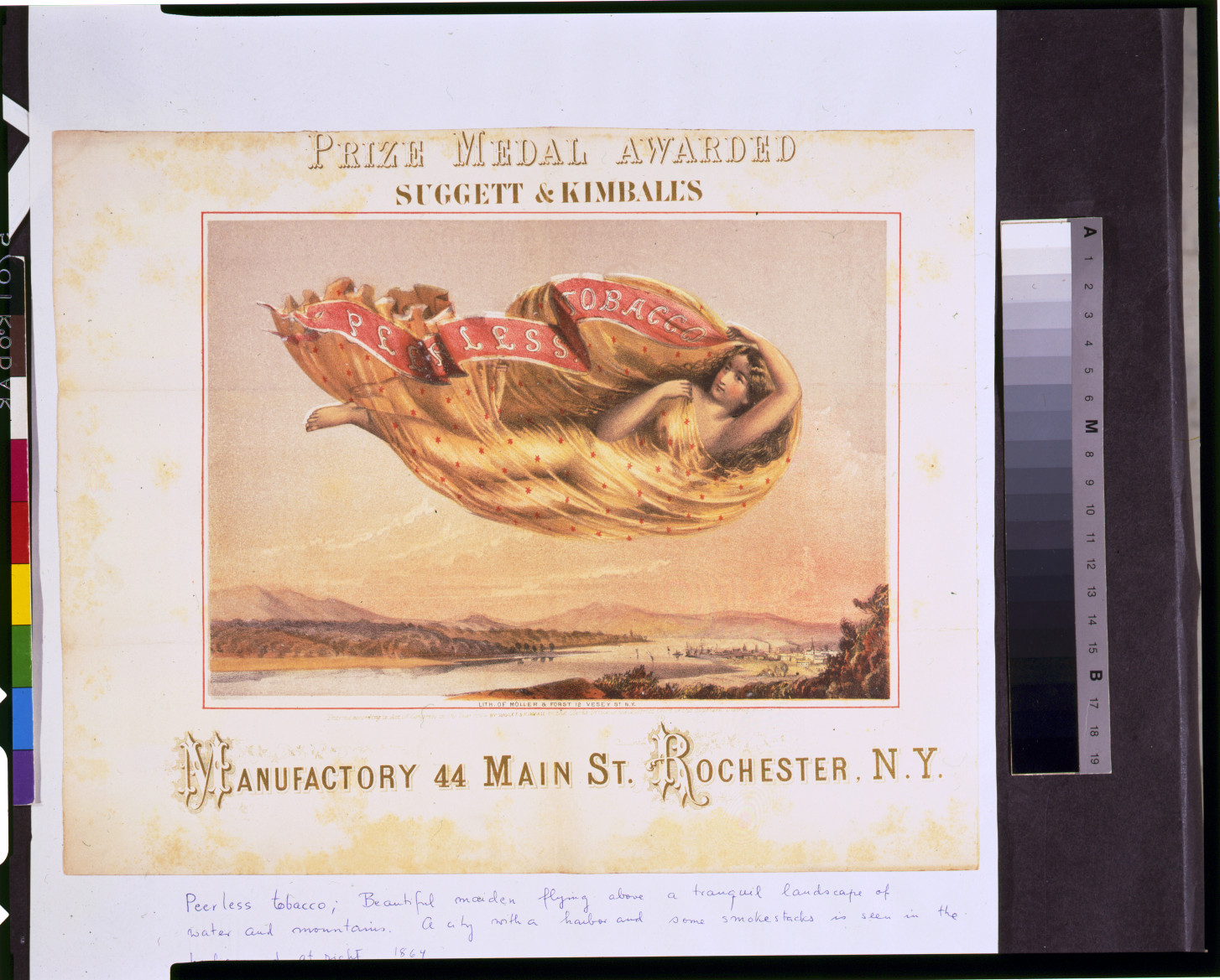Prize medal awarded--Suggett & Kimball's peerless tobacco / lith. of Moller & Forst 12 Vesey St. N.Y., c1864. — antique lithograph