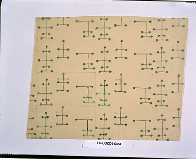 Green ink pattern study of stylized motifs on tan paper