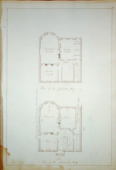 [Houses and a church (Buildings Erected or Proposed to be Built in Virginia"). Plan of the chamber and ground stories]"