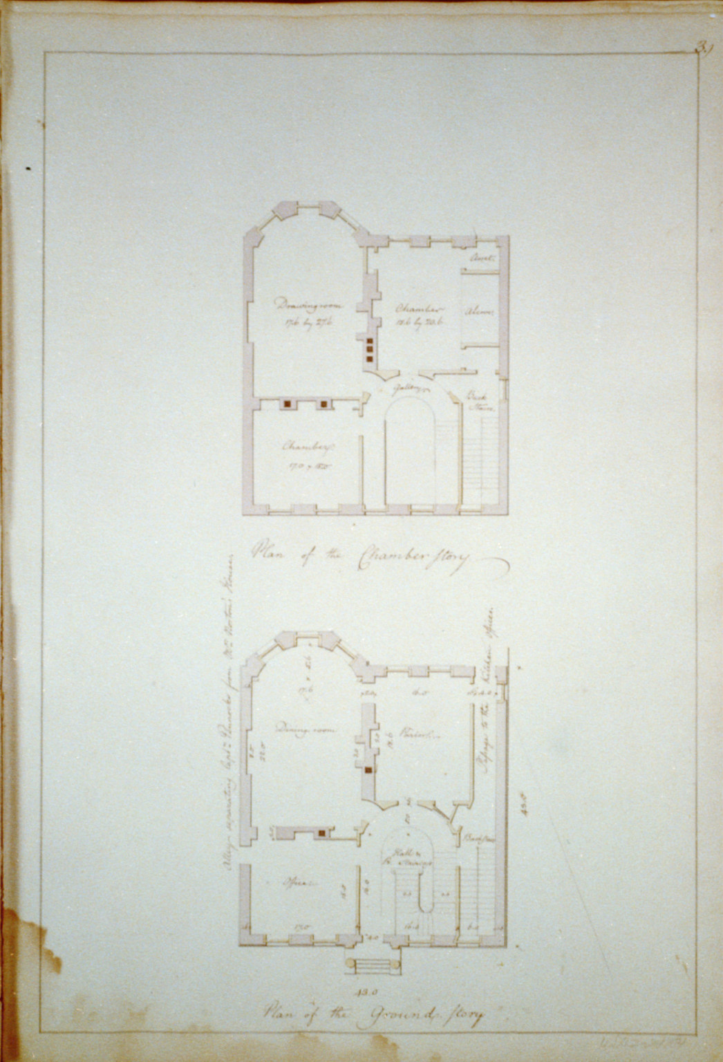 [Houses and a church (Buildings Erected or Proposed to be Built in Virginia"). Plan of the chamber and ground stories]", [between 1795 and 1799] — historic drawing